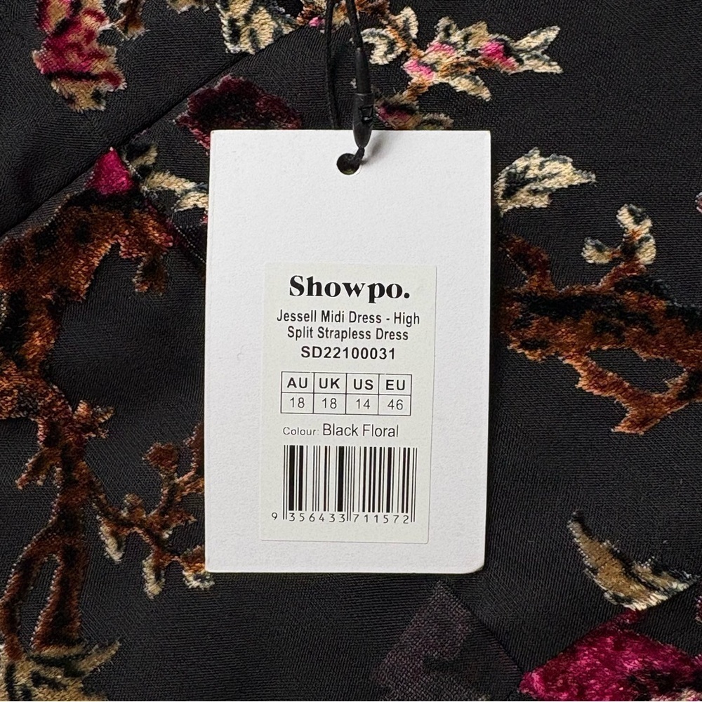 NWT SHOWPO Jessell Flocked Velvet Midi Dress US Size 14 Strapless Black Floral - Picture 13 of 13